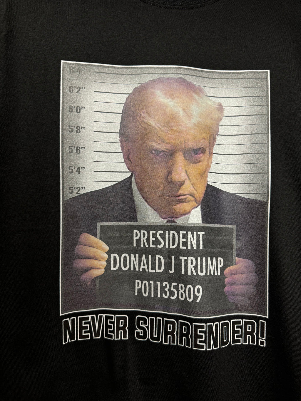 Trump 2024 "Never Surrender" mugshot printed T-shirt