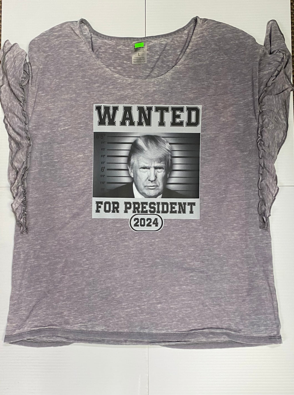 "Wanted For President 2024" Black and white print Trump Mugshot ruffled T-shirt