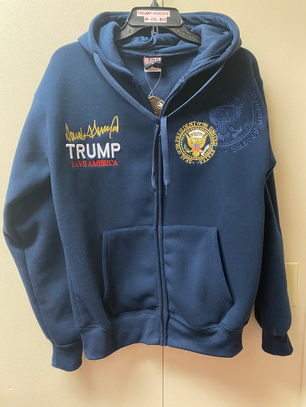 Premium Embroidered Navy Blue "Trump Save America" signature hoodie