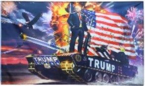 Donald Trump standing on a Tank USA Flag